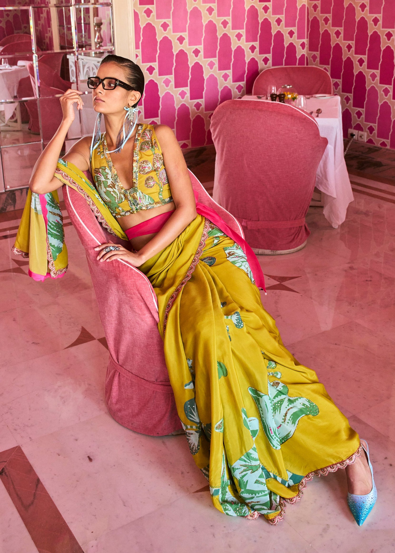 Retro Raani Yellow Sage Embroidered Saree Set