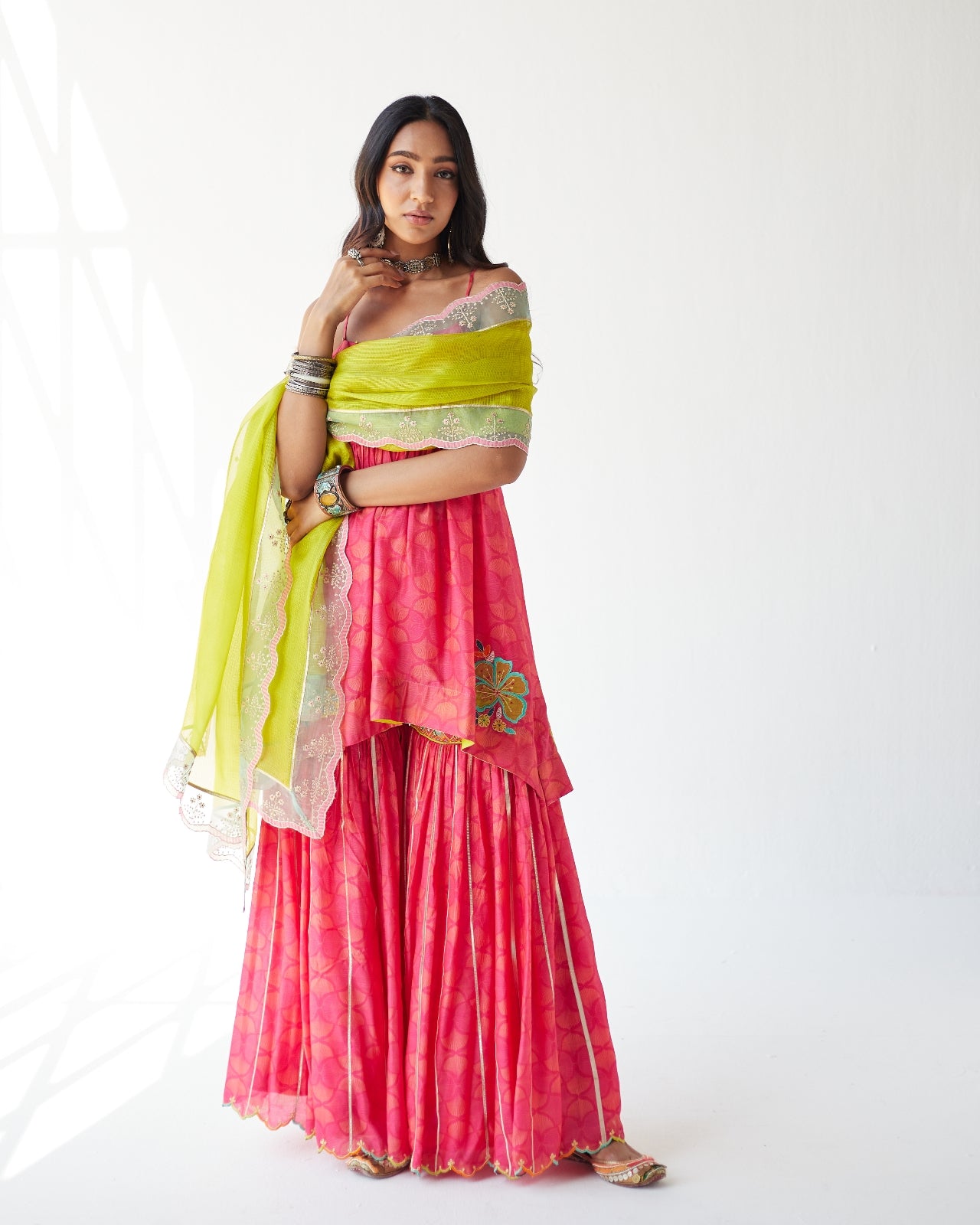Dupahar Magenta Front Puckering Kurta Gharara Set