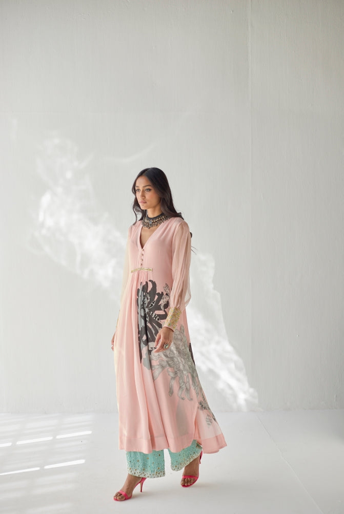Pastel Pink Side Flower Kurta Set