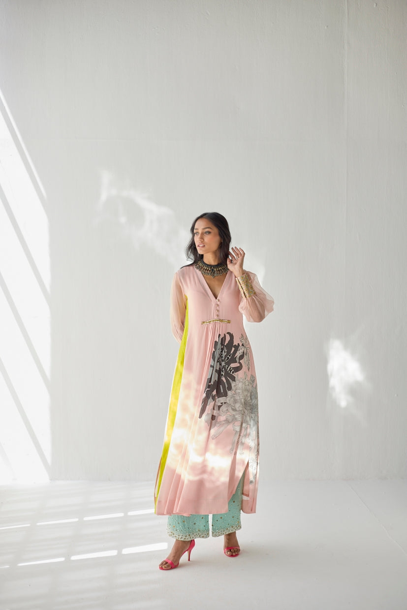 Pastel Pink Side Flower Kurta Set
