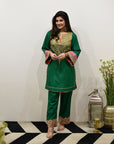 EXCLUSIVE EDIT BOTTLE GREEN SILK KURTA SET