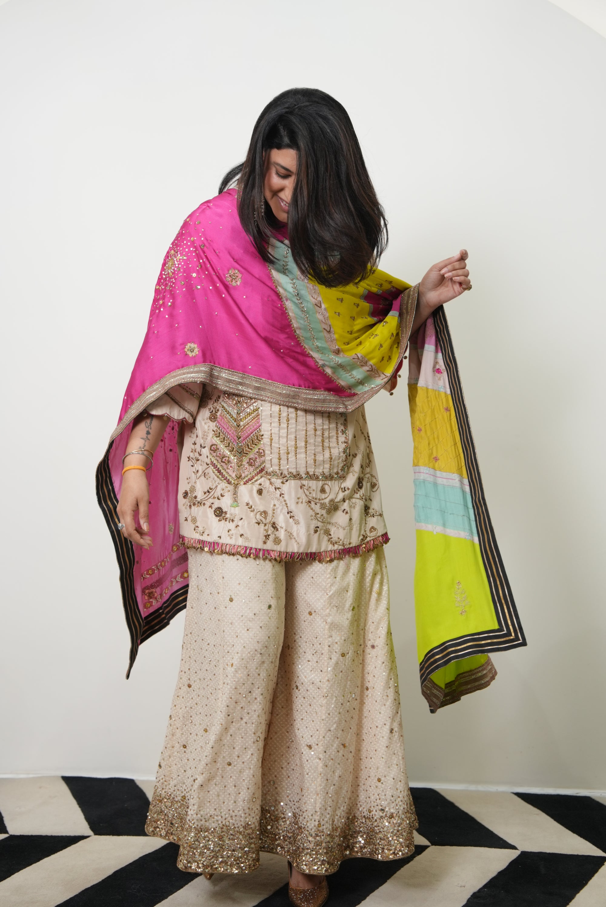 Retro Raani Ivory Silk Tree Sharara Set
