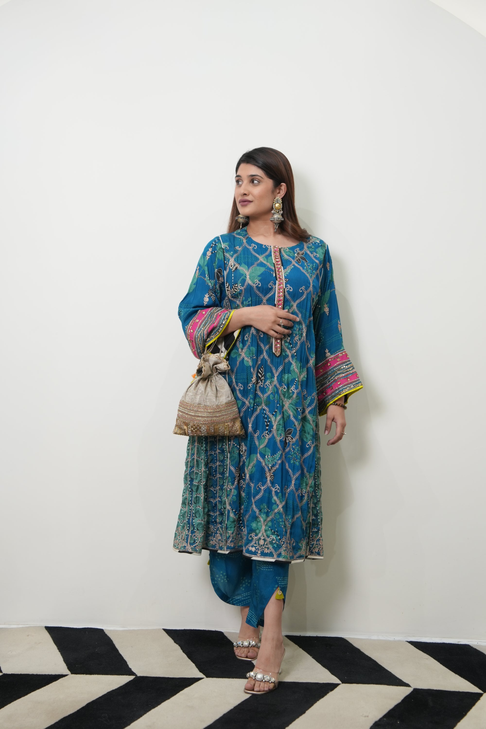 Retro Raani Teal Blue Choga Style Kurta Set