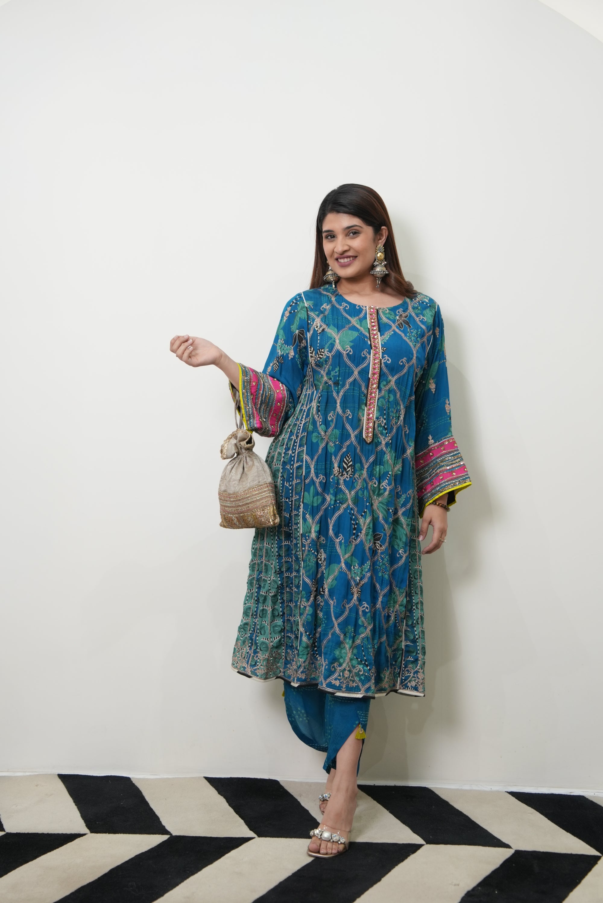 Retro Raani Teal Blue Choga Style Kurta Set