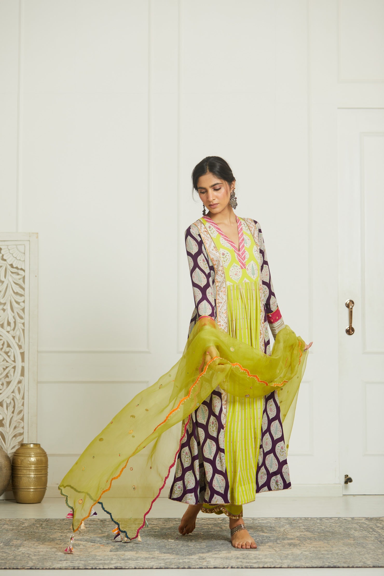 Purple - B. Lime Printed Panel Kurta Set