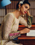 NILOUFER IVORY STRIPE TISSUE FRONT PUCKERING KURTA SET