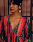 NILOUFER PINK-GREEN STRIPE ALIA CUT KURTA SET
