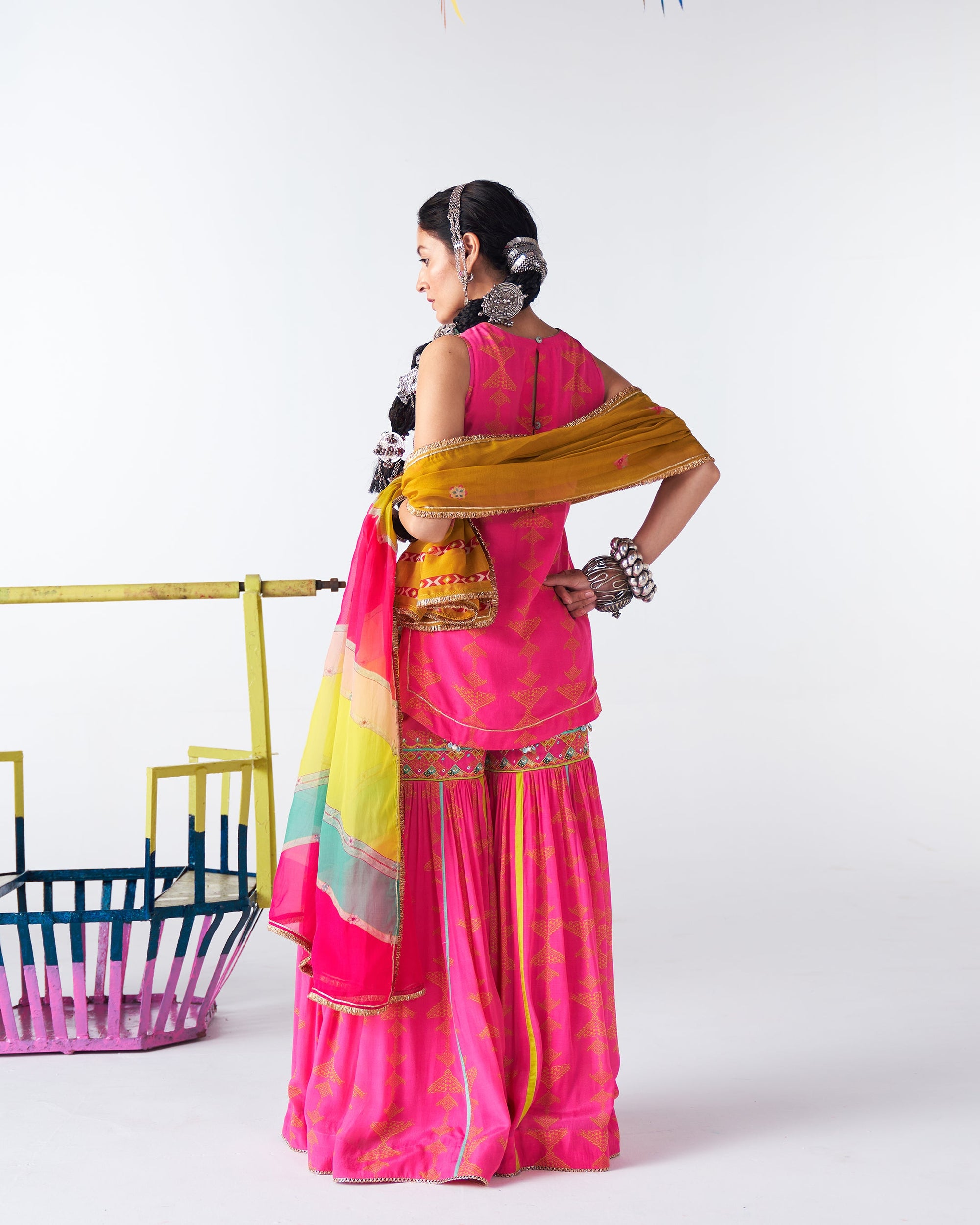 Sakhi Hot Pink Phulkari Yoke Gharara Set