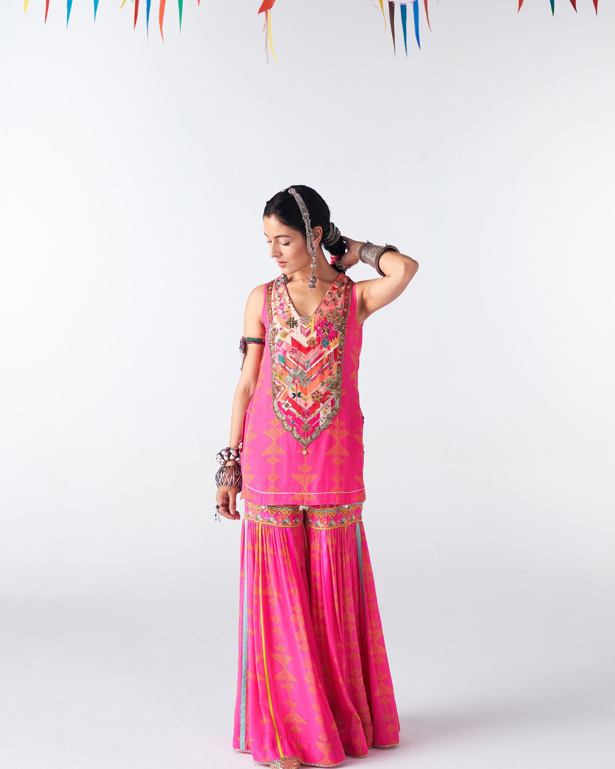 Sakhi Hot Pink Phulkari Yoke Gharara Set