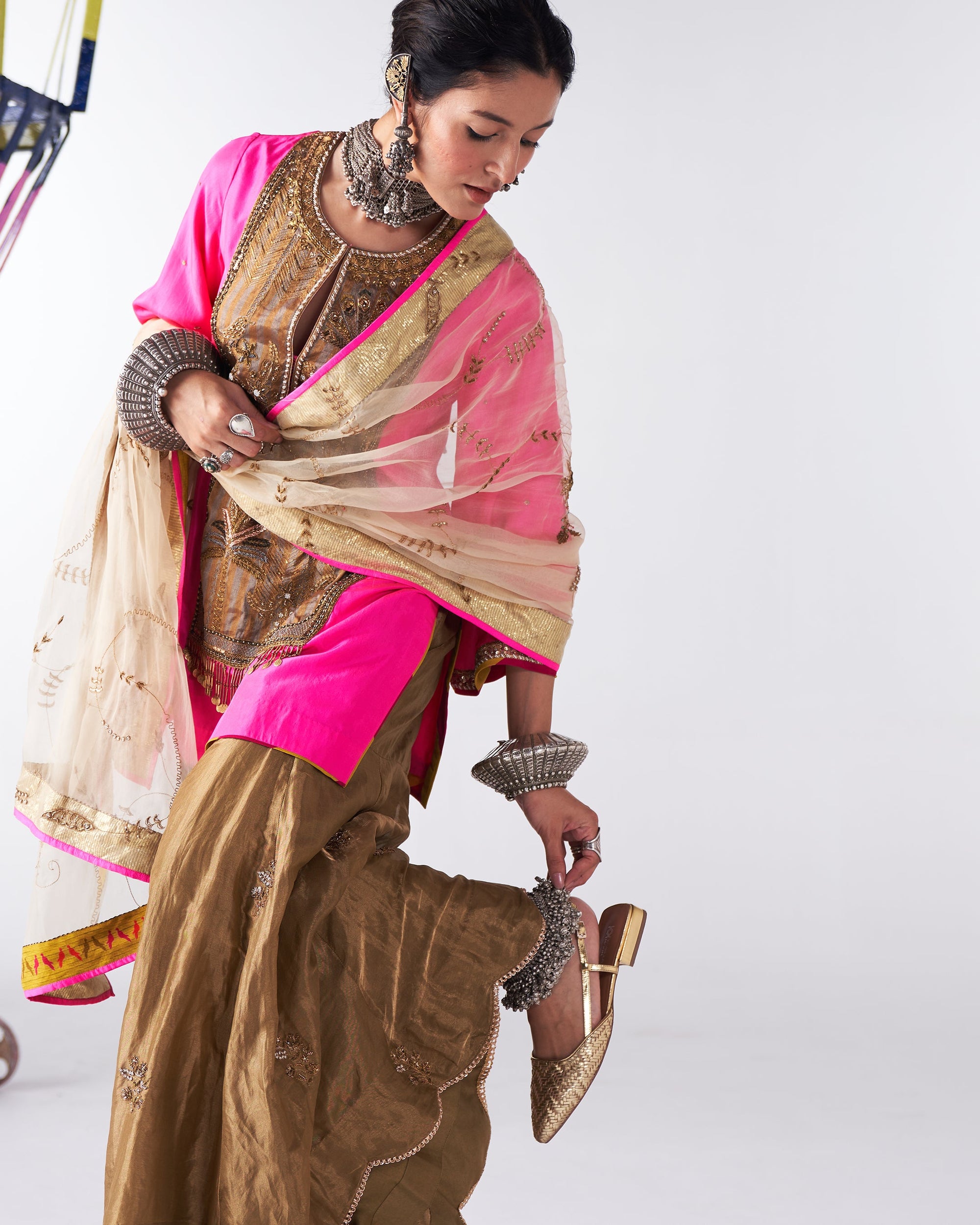 Sakhi Hot Pink Long Yoke Gharara Set