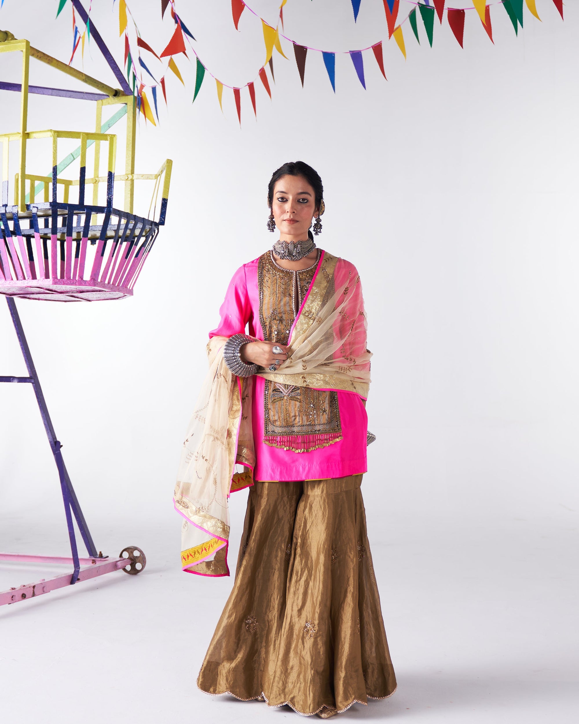Sakhi Hot Pink Long Yoke Gharara Set
