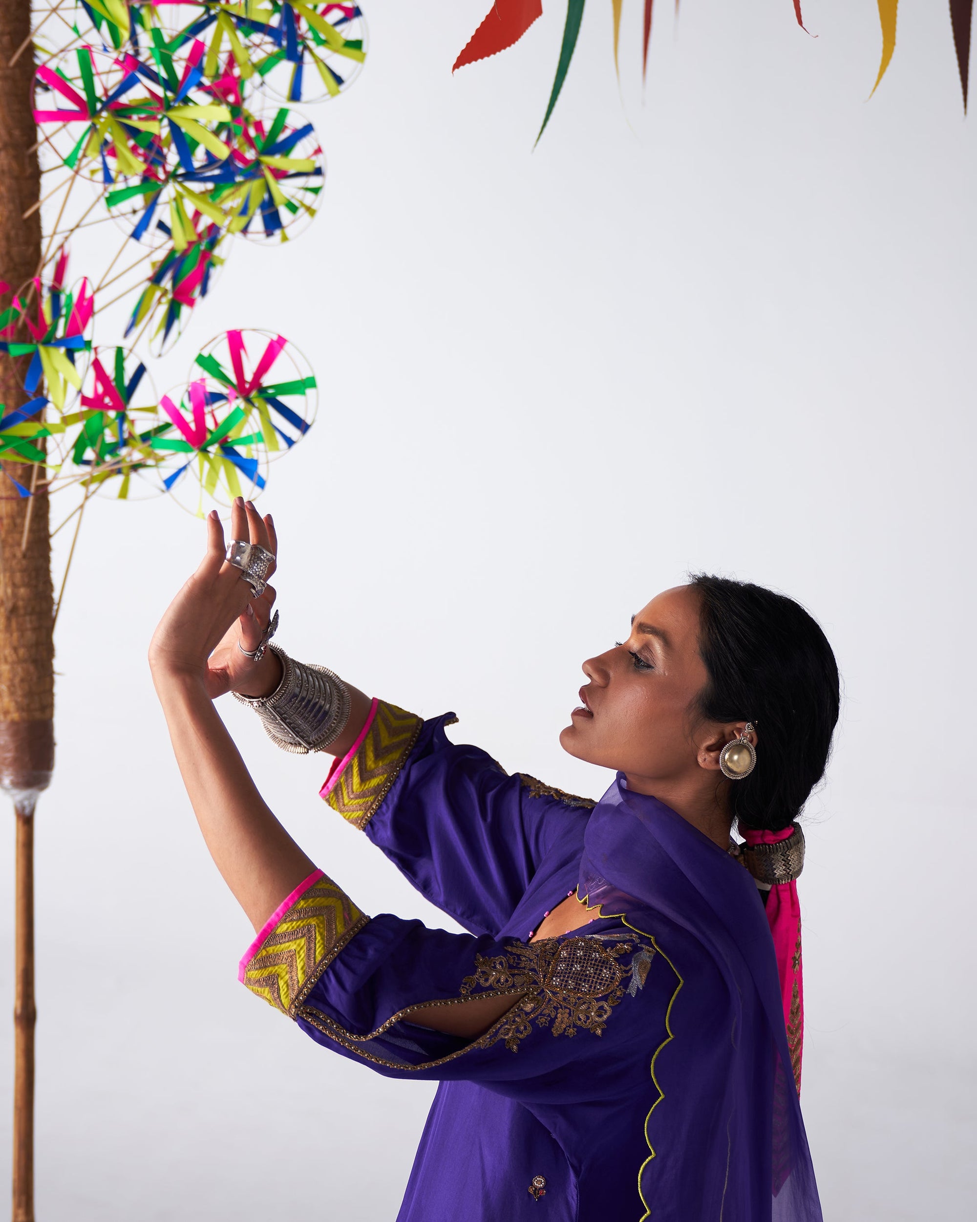 Sakhi Purple Silk Booti Kaftan Kurta Set