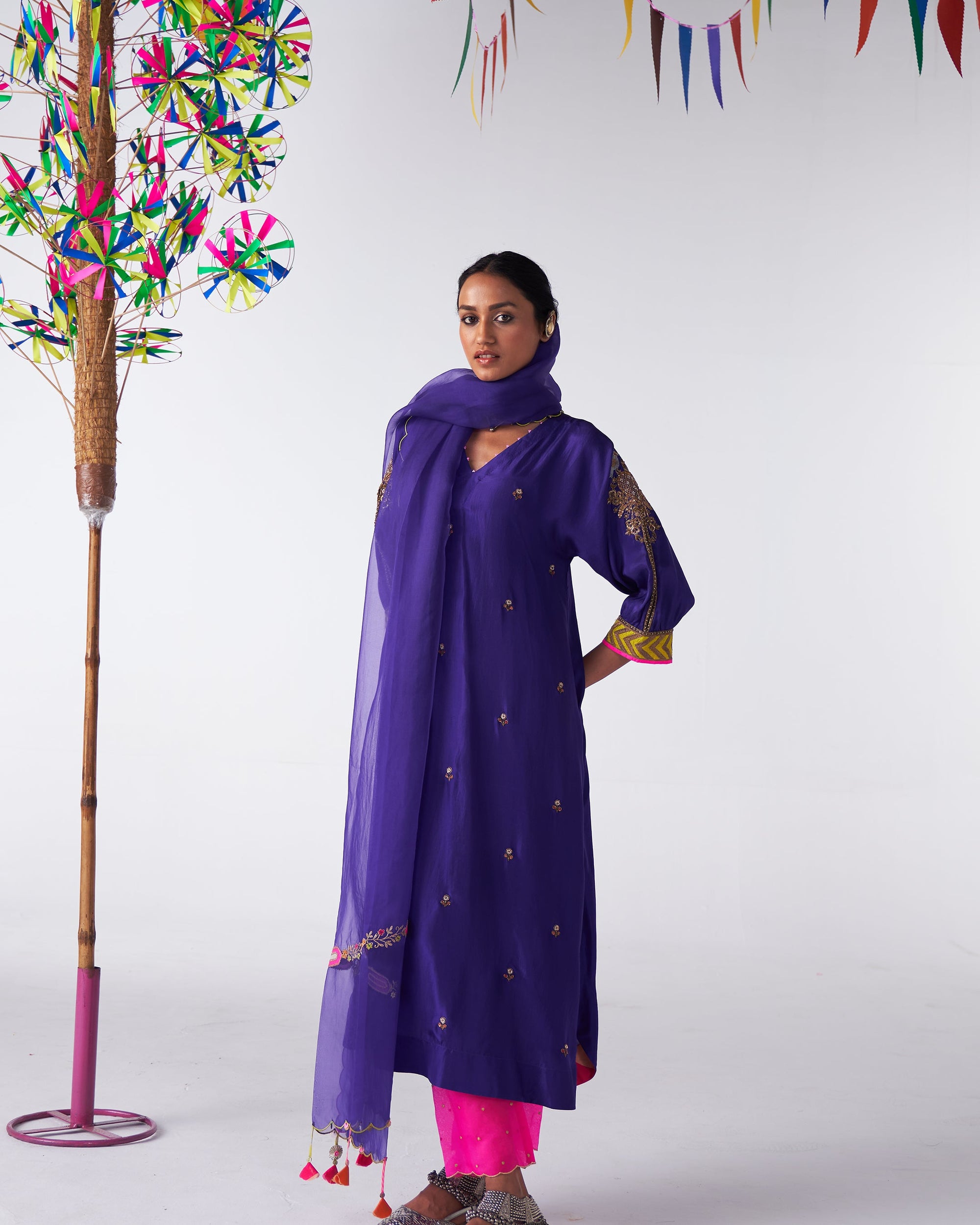 Sakhi Purple Silk Booti Kaftan Kurta Set