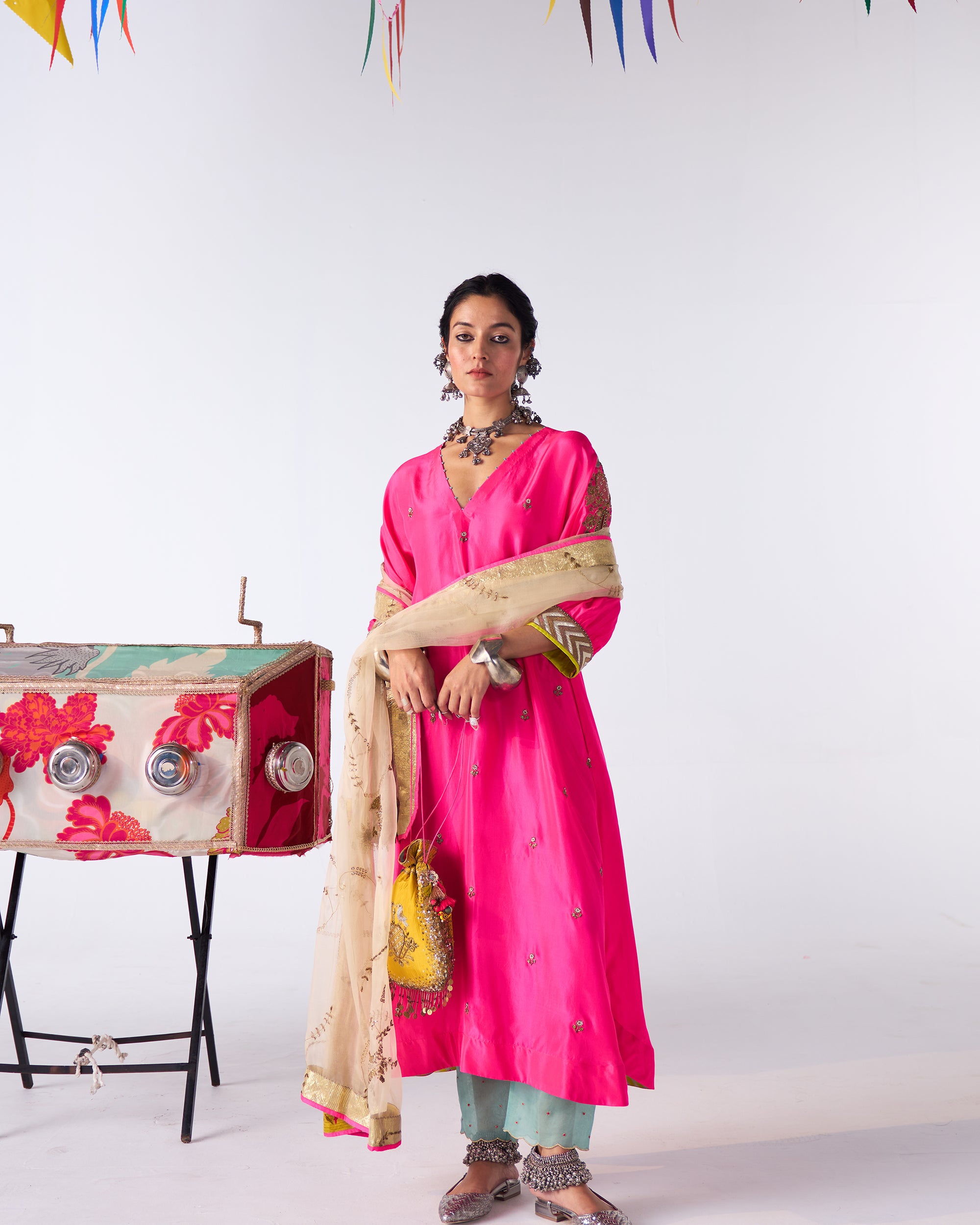 Sakhi Hot Pink Silk Booti Kaftan Kurta Set