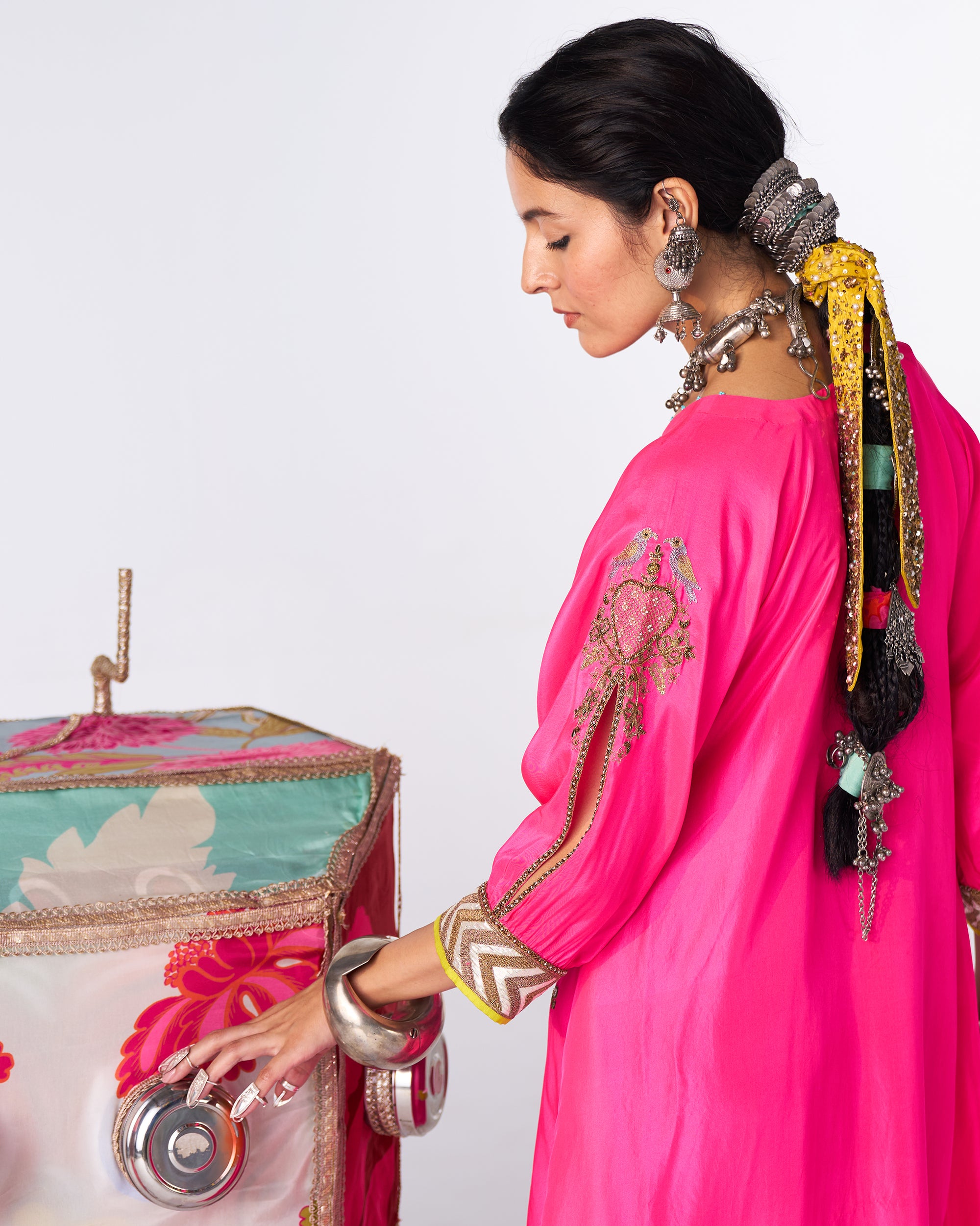 Sakhi Hot Pink Silk Booti Kaftan Kurta Set