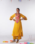 Sakhi Yellow Self Stripe Phulkari Yoke Kurta Set