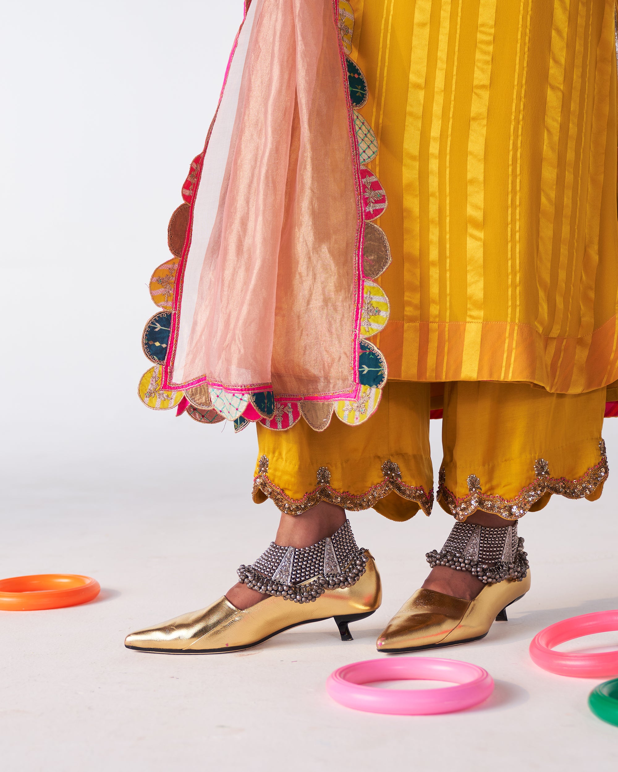 Sakhi Yellow Self Stripe Phulkari Yoke Kurta Set