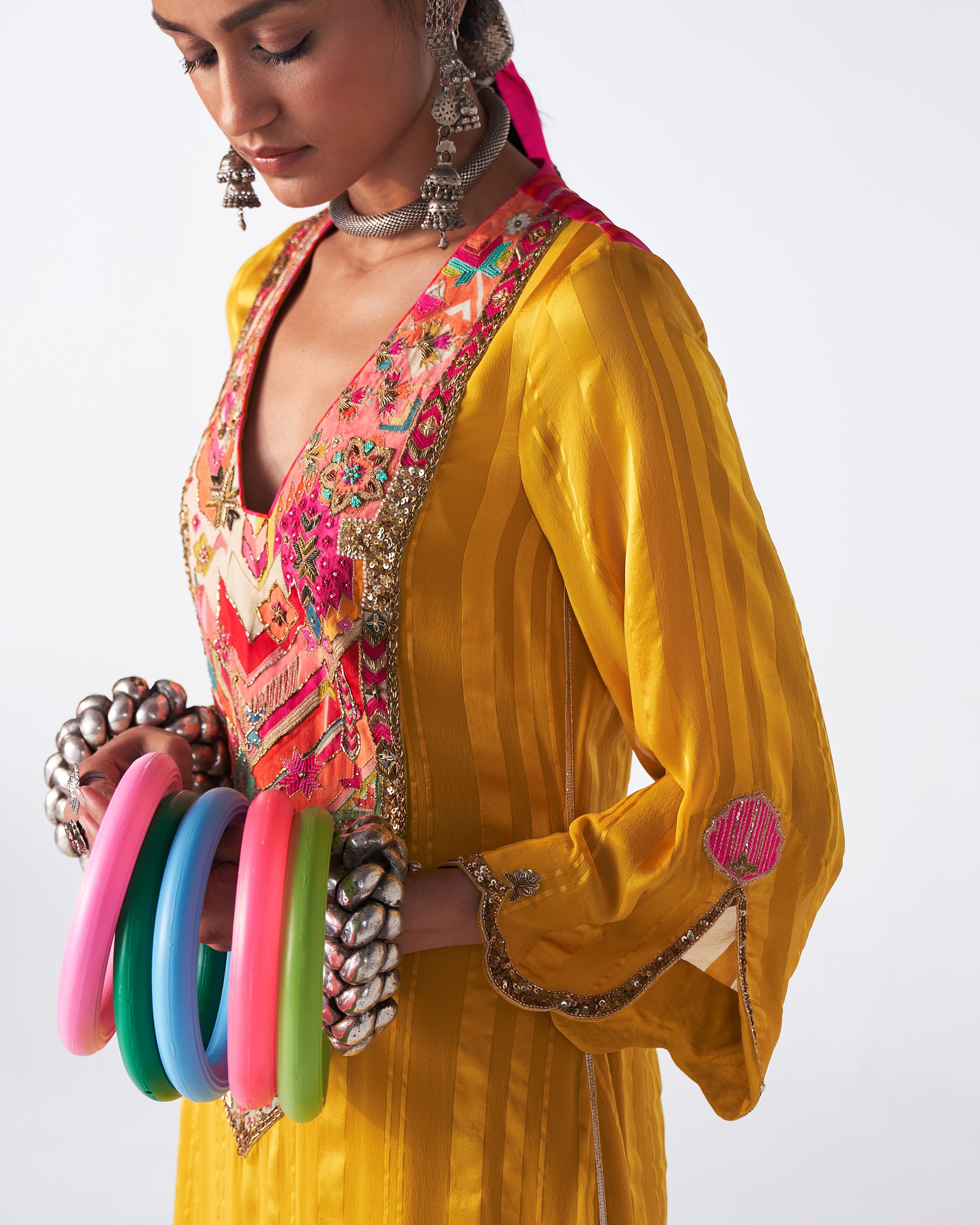Sakhi Yellow Self Stripe Phulkari Yoke Kurta Set