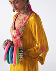 Sakhi Yellow Self Stripe Phulkari Yoke Kurta Set
