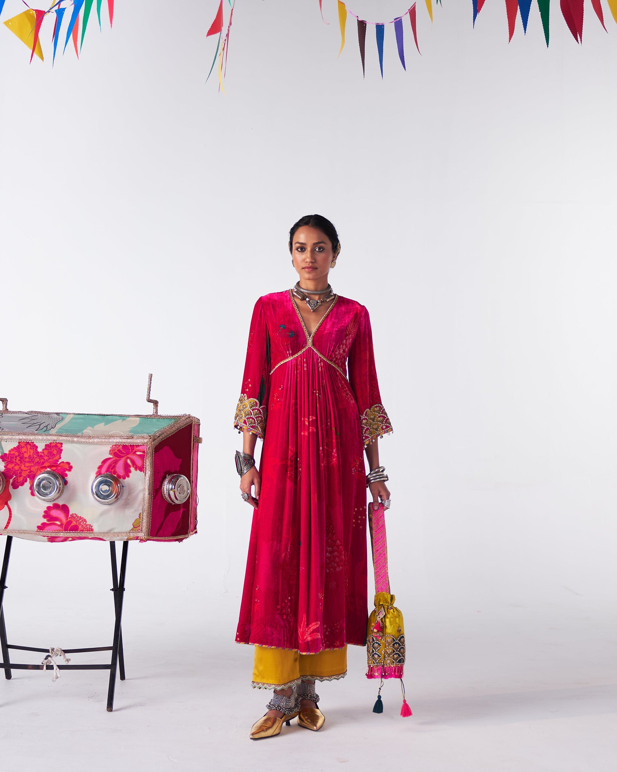 Sakhi Magenta Velvet Bell Sleeve Kurta Set