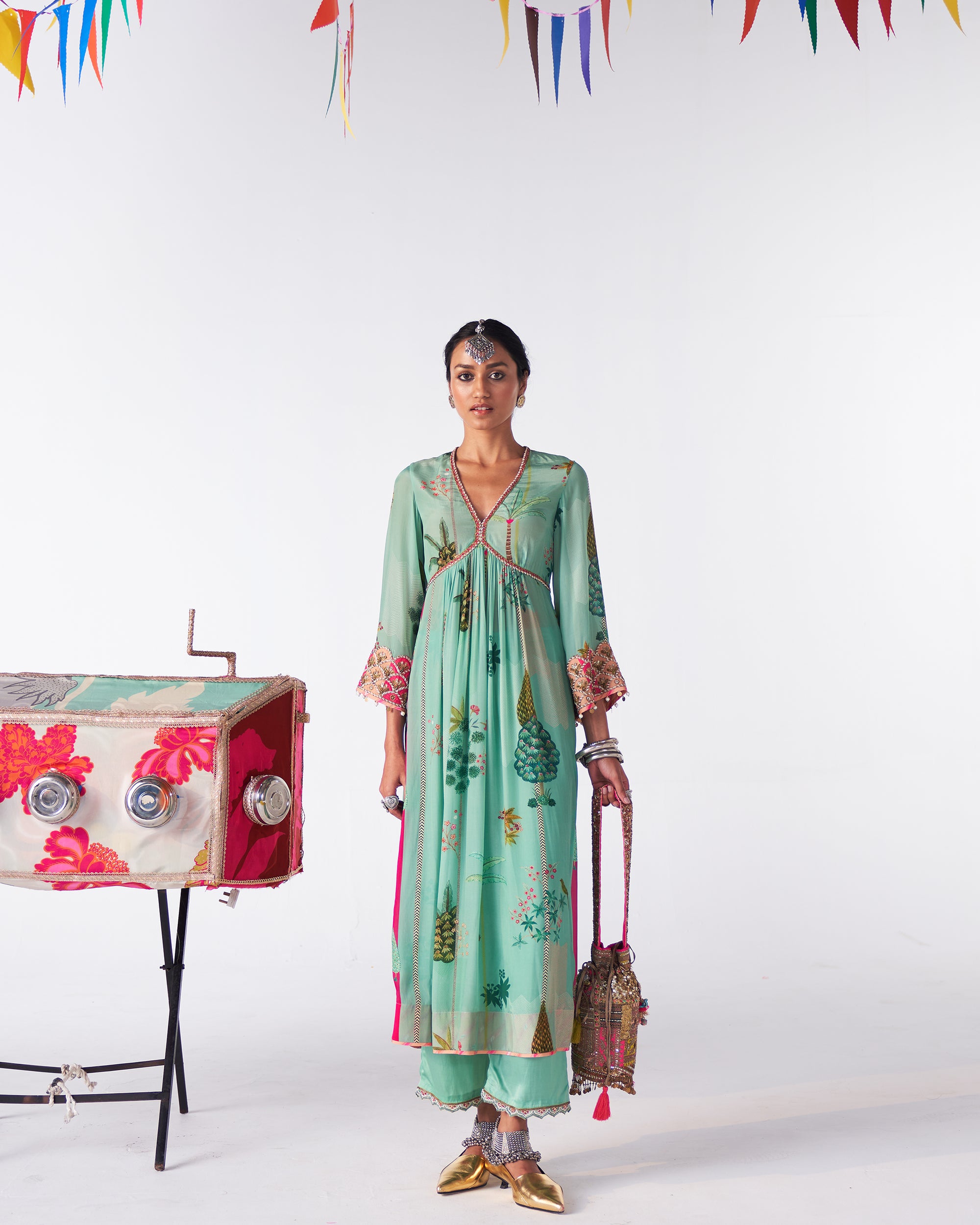 Sakhi Powder Blue Print Bell Sleeve Kurta Set