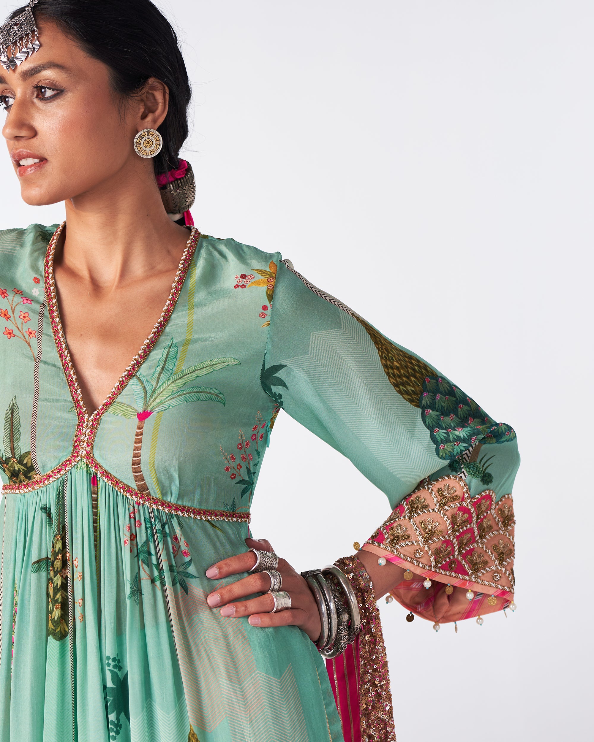 Sakhi Powder Blue Print Bell Sleeve Kurta Set