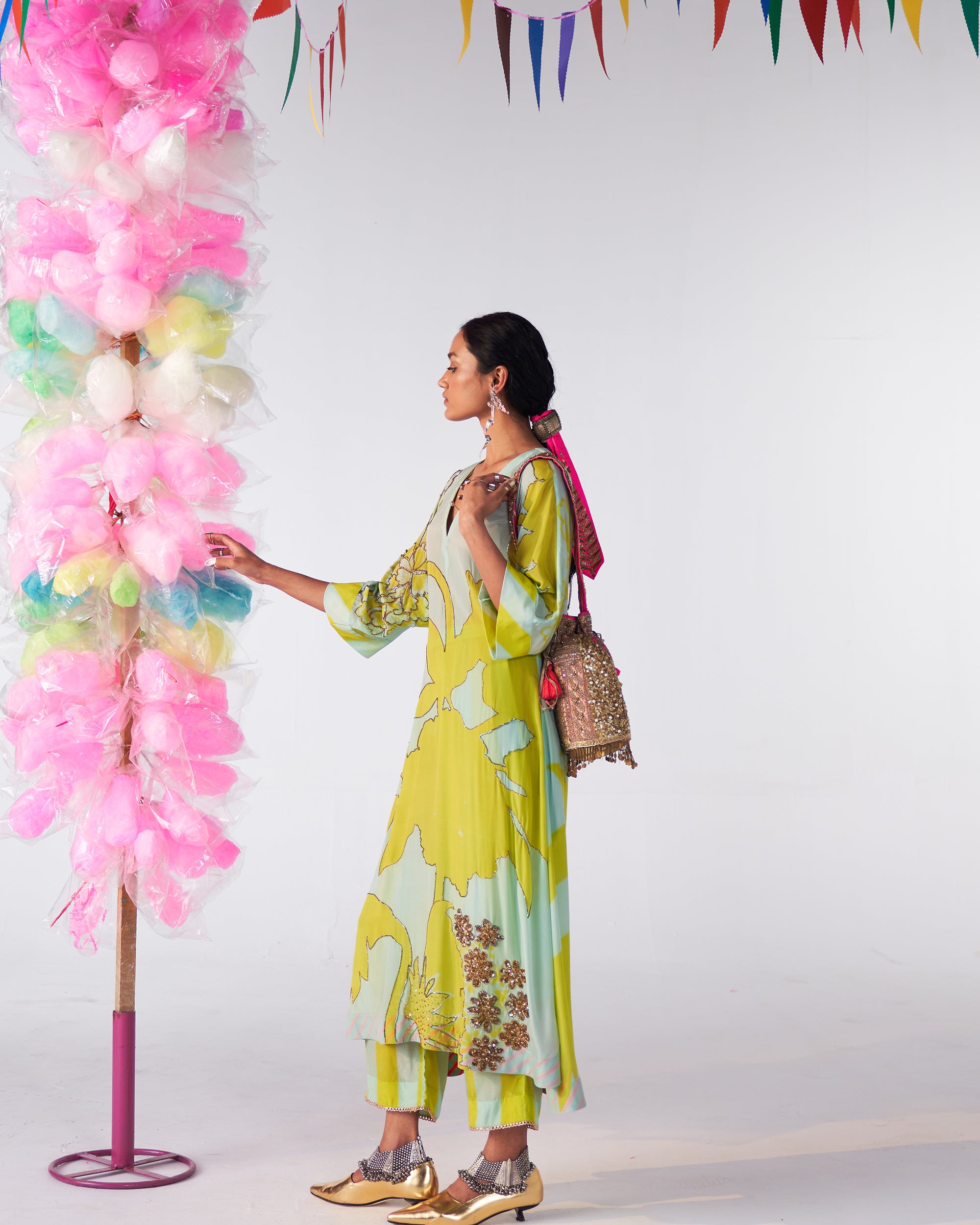 Sakhi Powder Blue- Bright Lime Highlight Kaftan Kurta Set