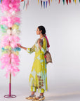 Sakhi Powder Blue- Bright Lime Highlight Kaftan Kurta Set