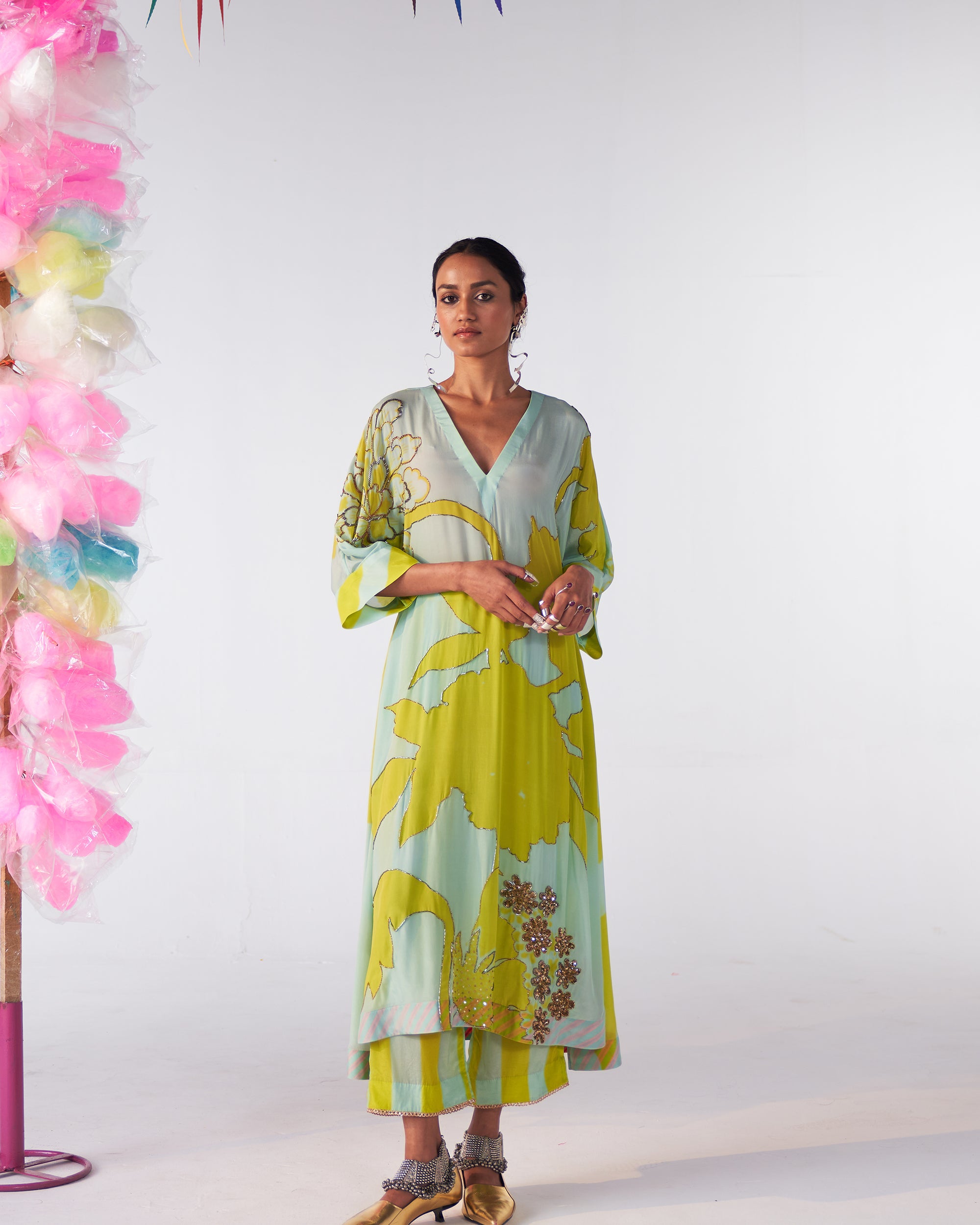 Sakhi Powder Blue- Bright Lime Highlight Kaftan Kurta Set