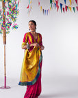 Sakhi Hot Pink- Yellow Printed Saree Set