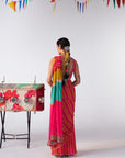 Sakhi Pink Yellow Stripe Crepe Saree Set