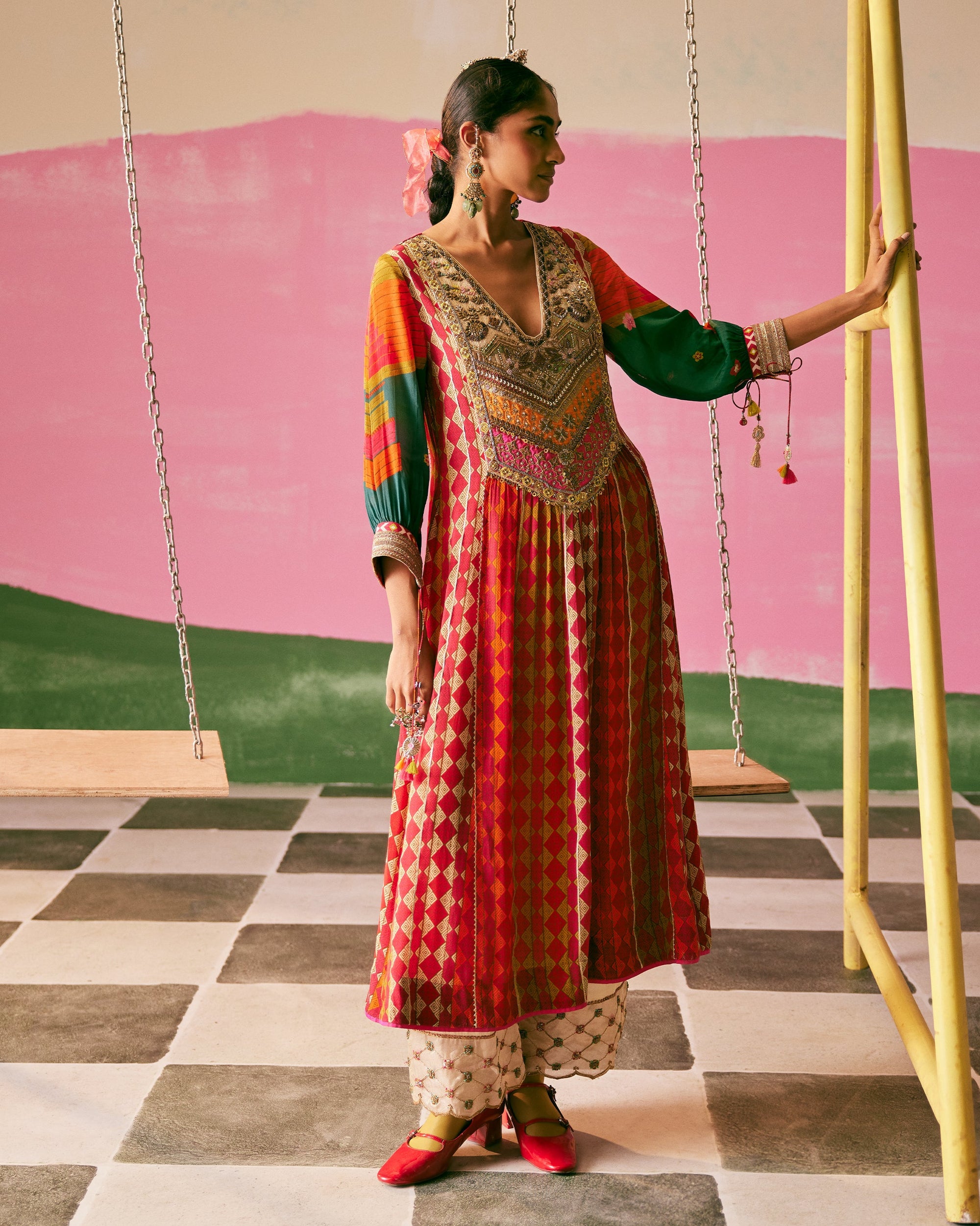 Sakhi Tissue Yoke Magenta Kurta Set