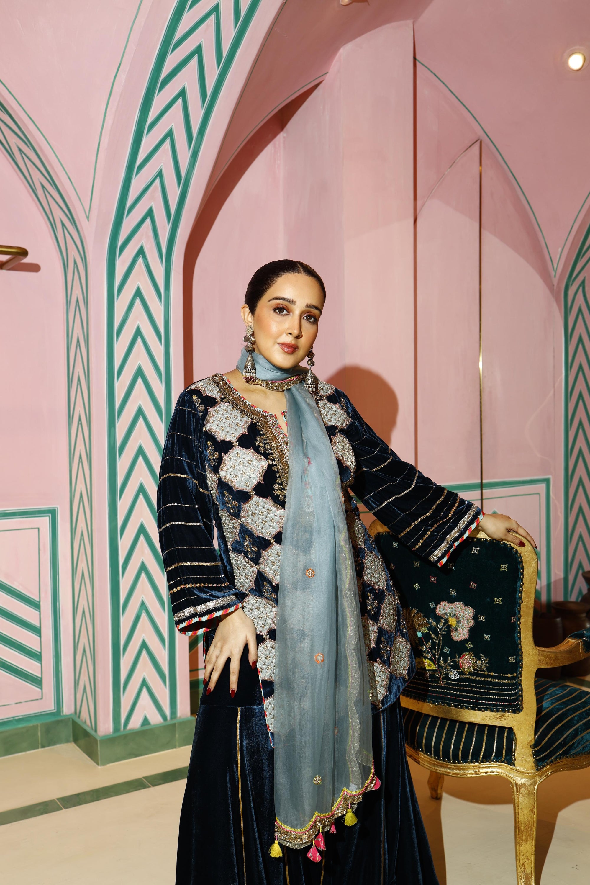 Midnight Blue Sanjana Batra Velvet Gharara Set