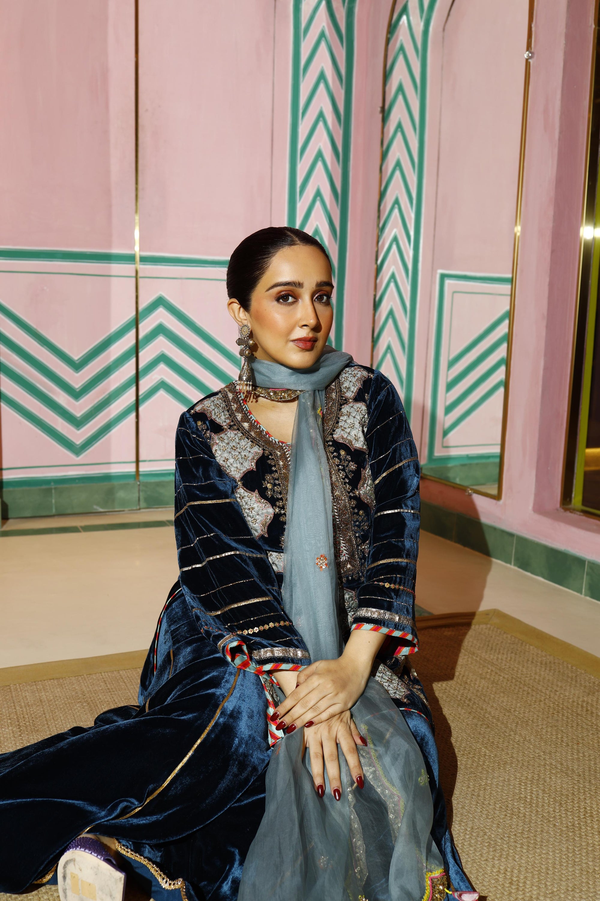 Midnight Blue Sanjana Batra Velvet Gharara Set