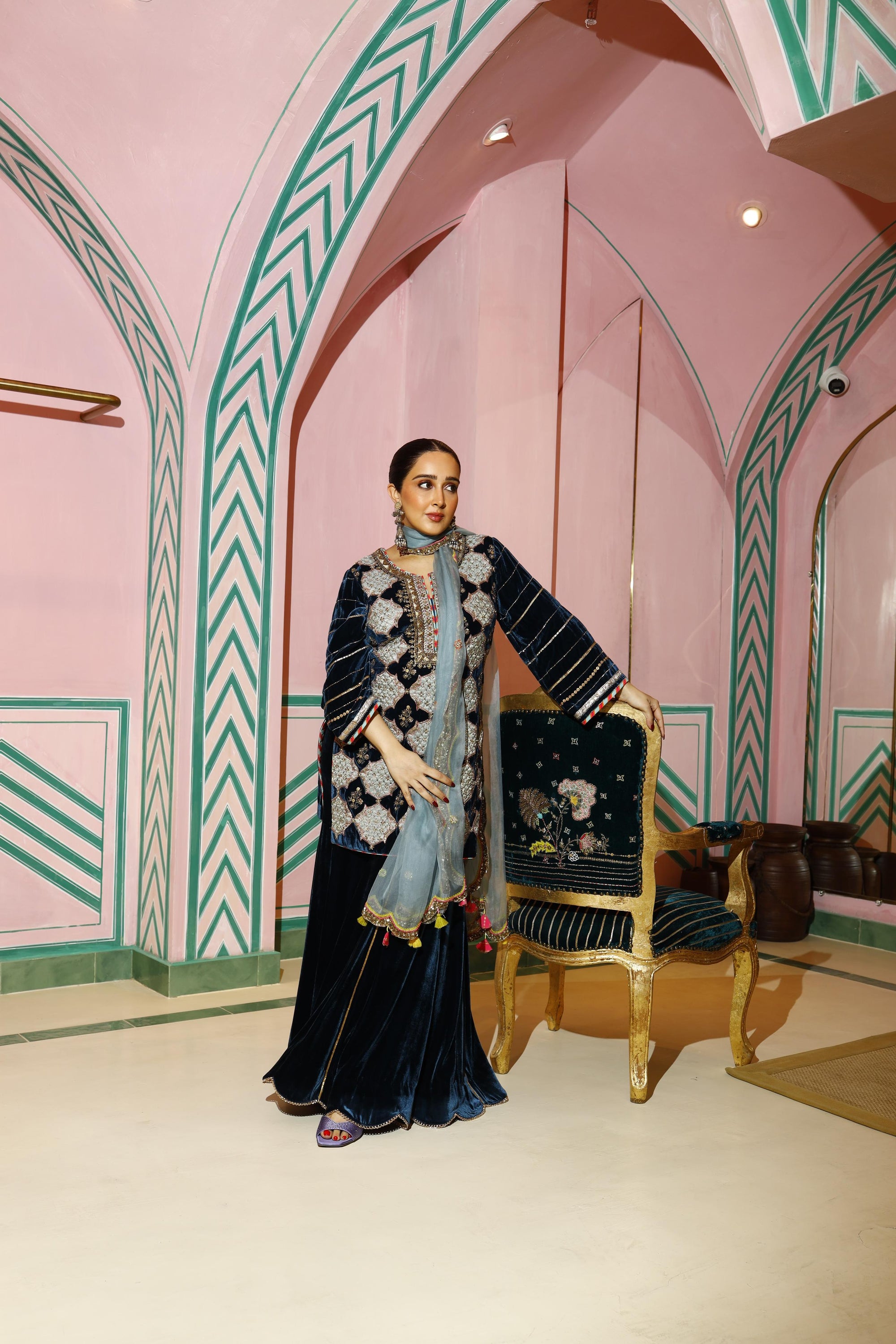 Midnight Blue Sanjana Batra Velvet Gharara Set