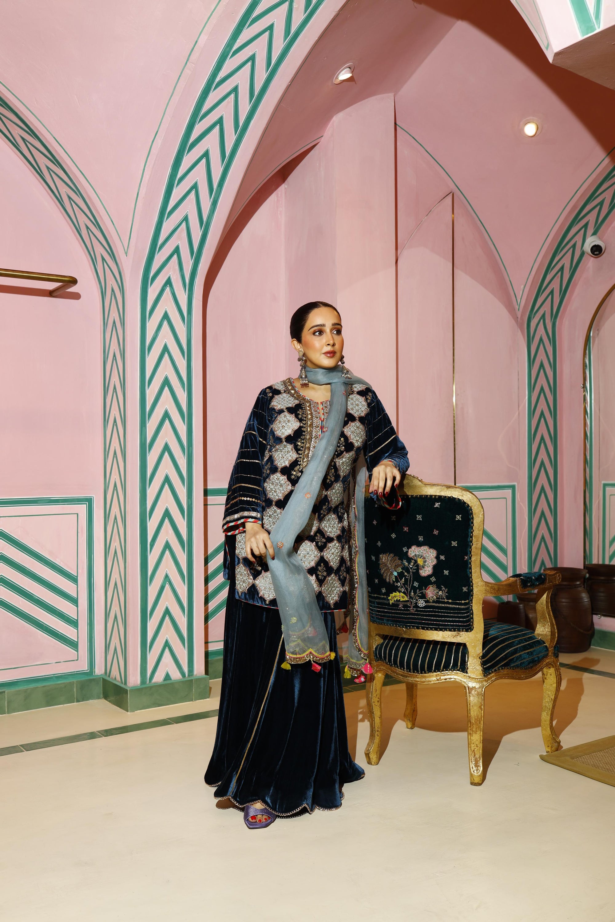 Midnight Blue Sanjana Batra Velvet Gharara Set