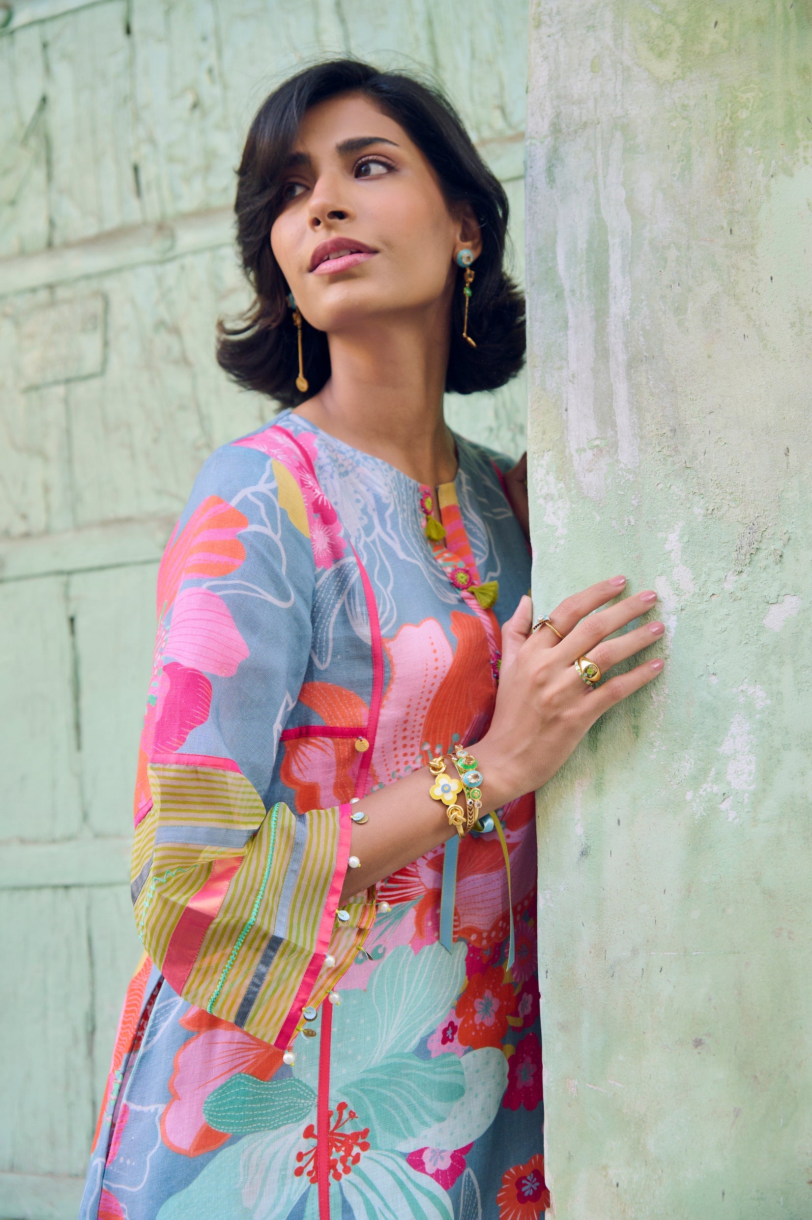 Safar Floral Linen Grey Kurta Set