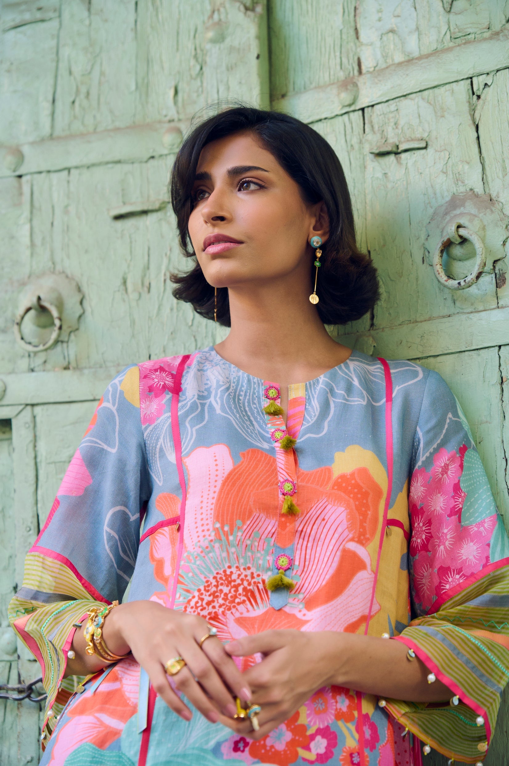 Safar Floral Linen Grey Kurta Set