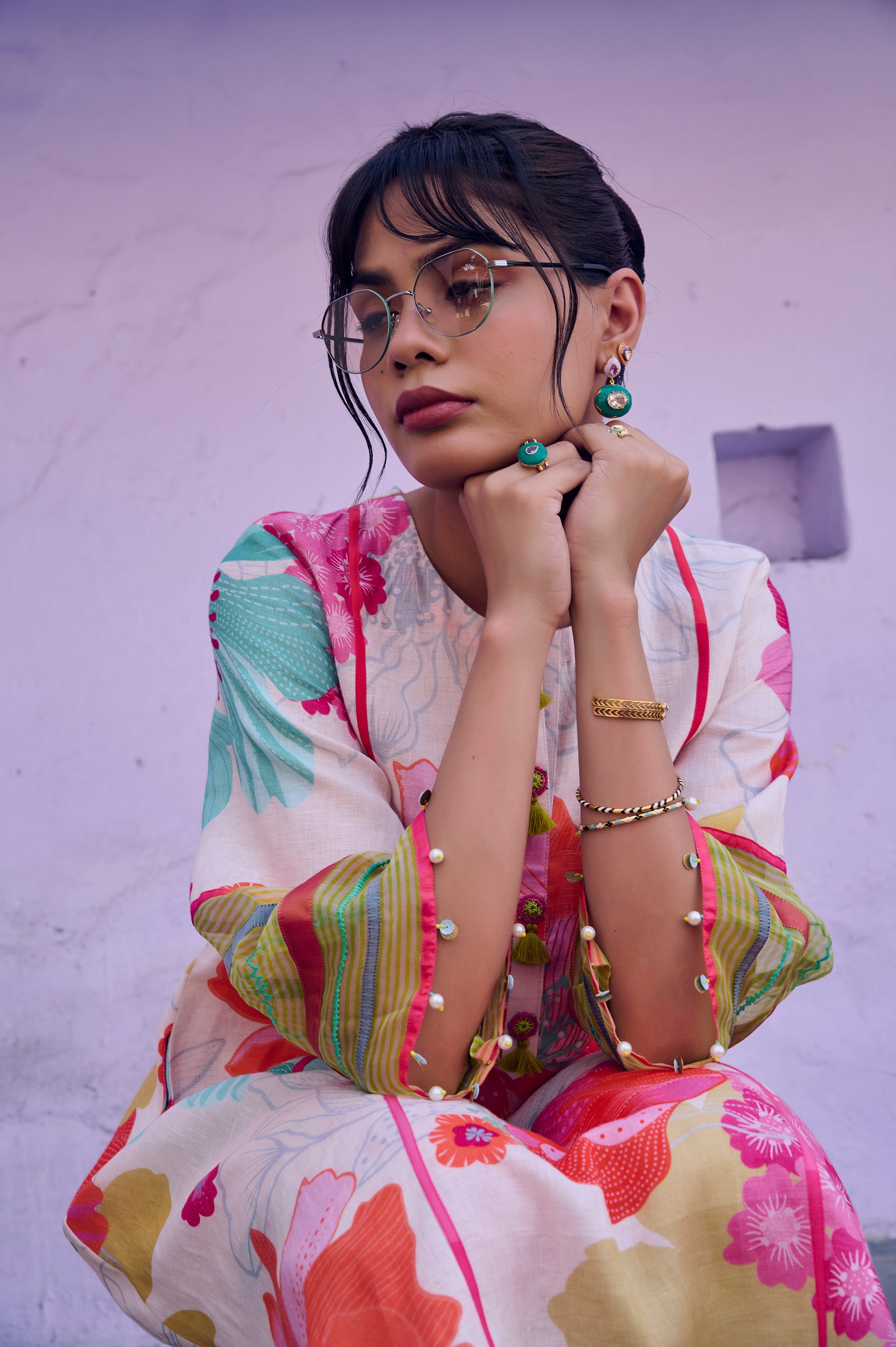 Safar Floral Linen Ivory Kurta Set