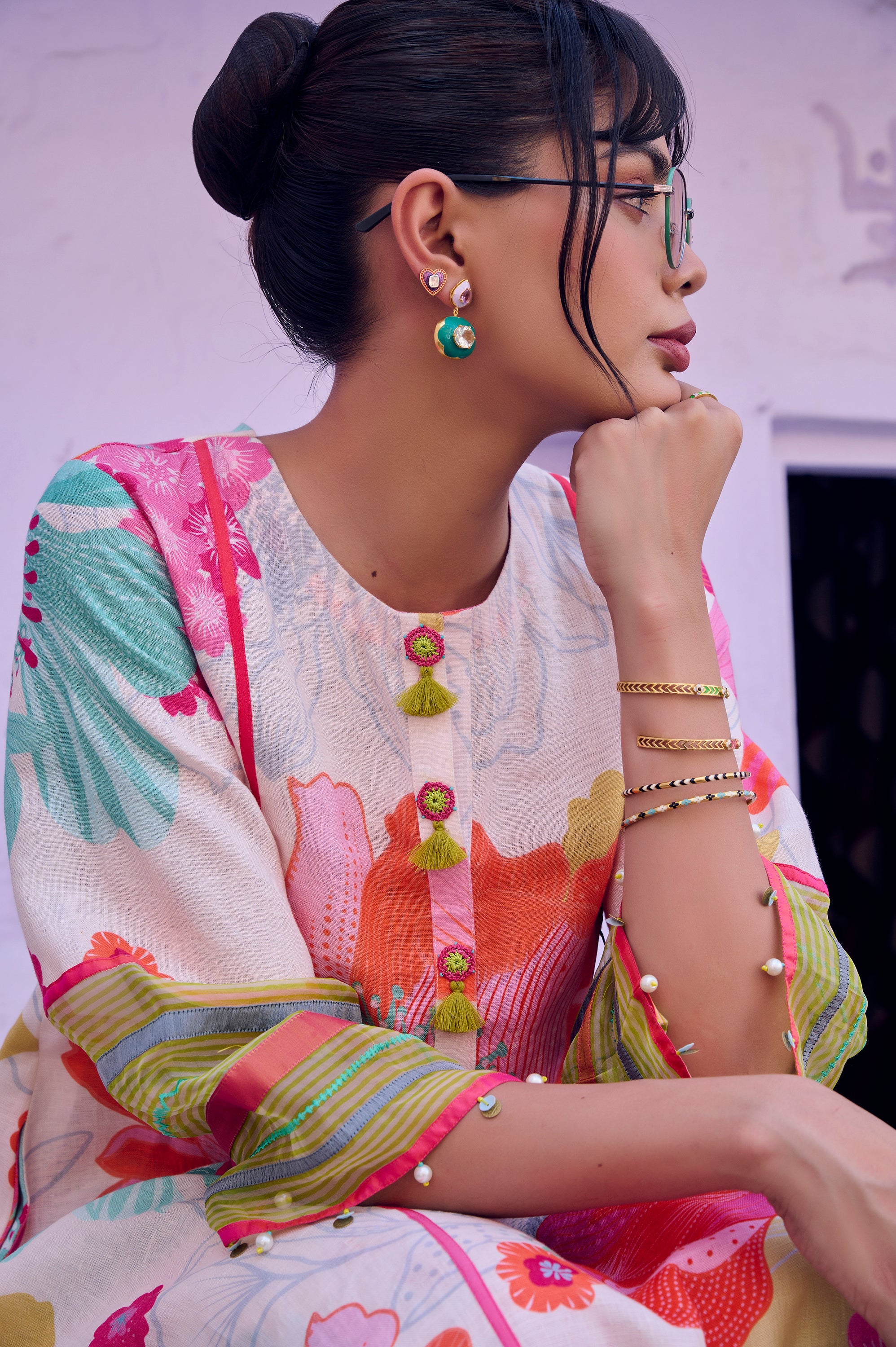 Safar Floral Linen Ivory Kurta Set