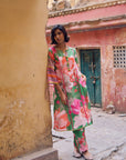 Safar Floral Linen Green Kurta Set