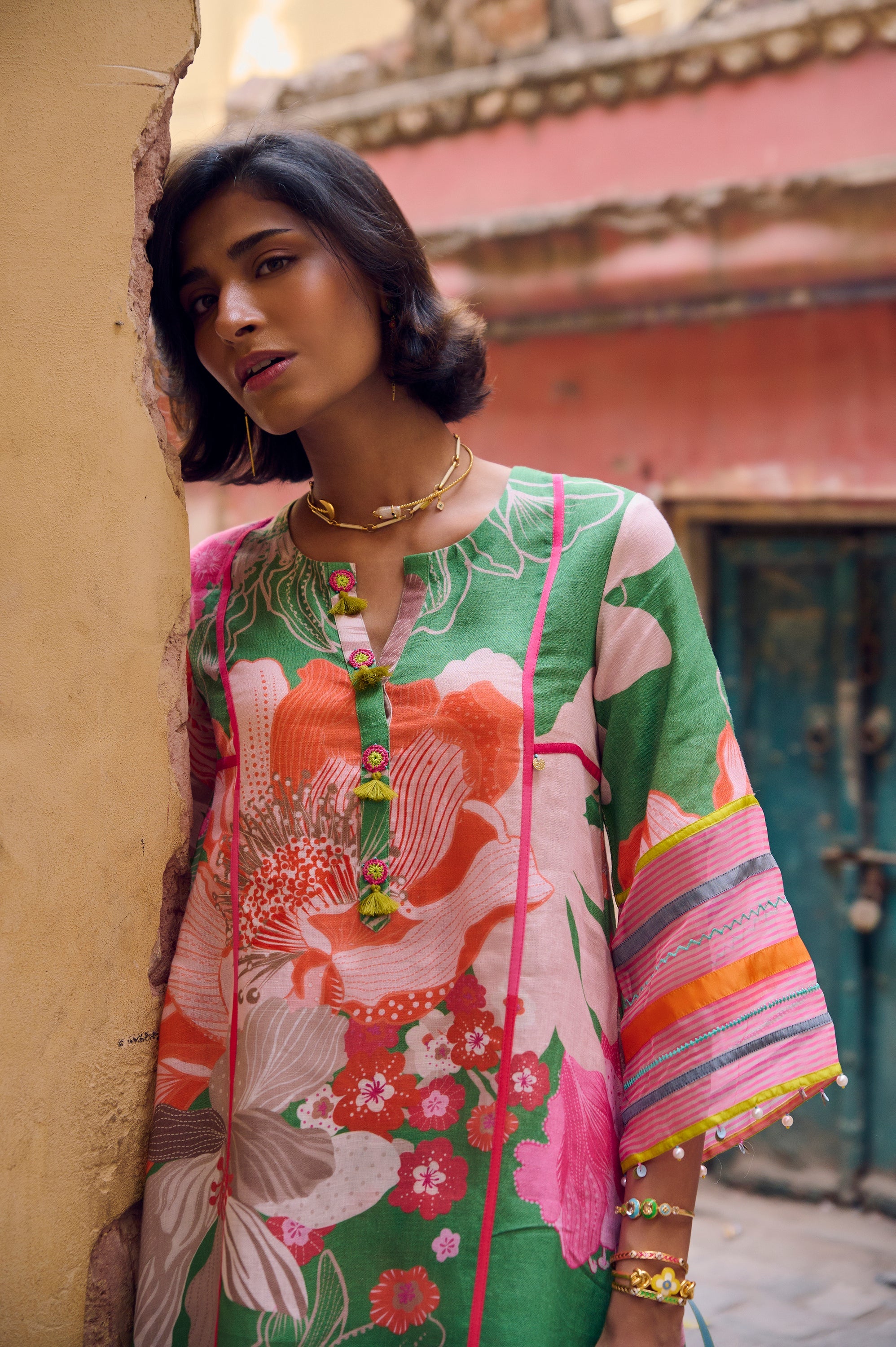 Safar Floral Linen Green Kurta Set