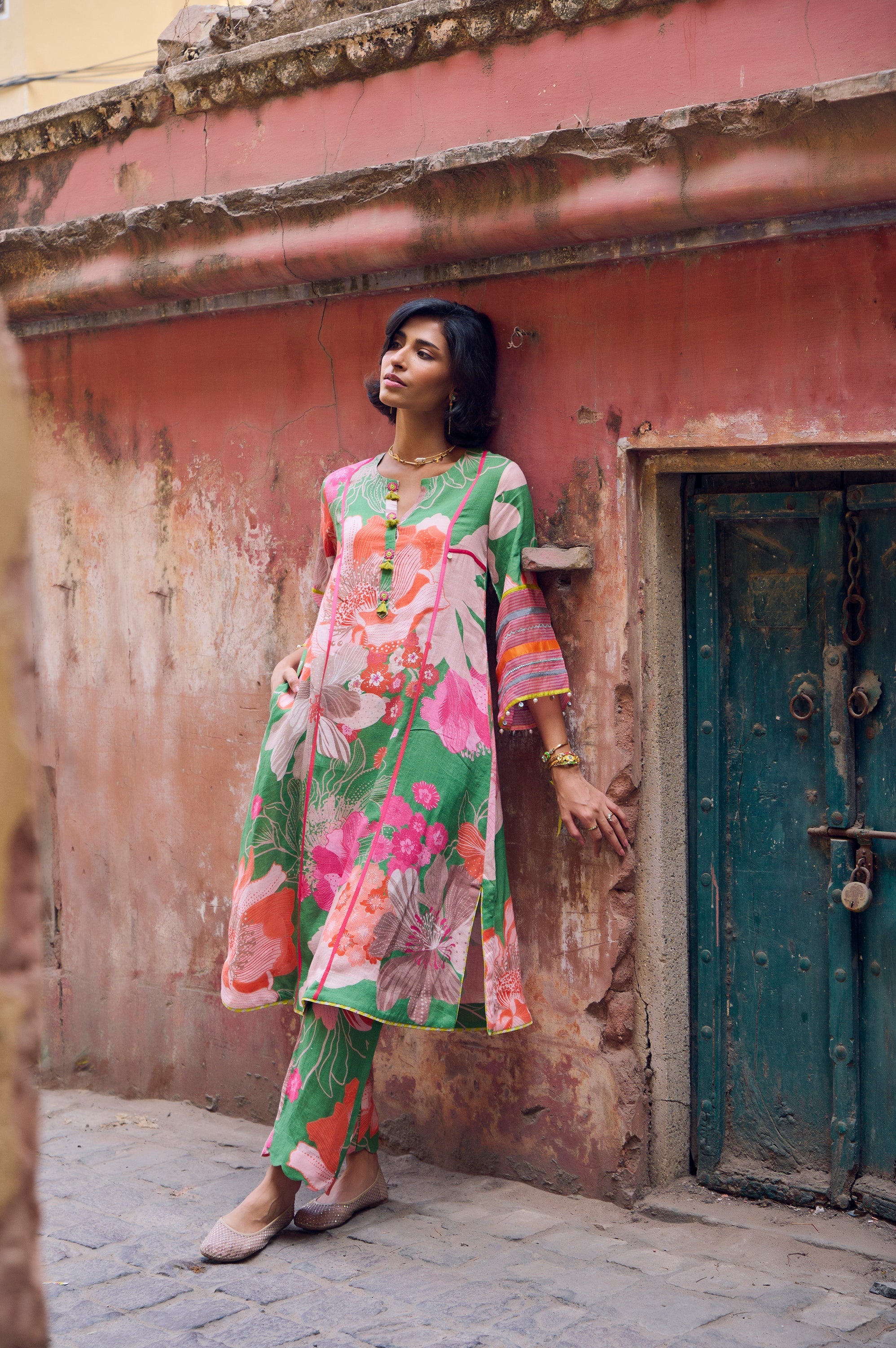 Safar Floral Linen Green Kurta Set