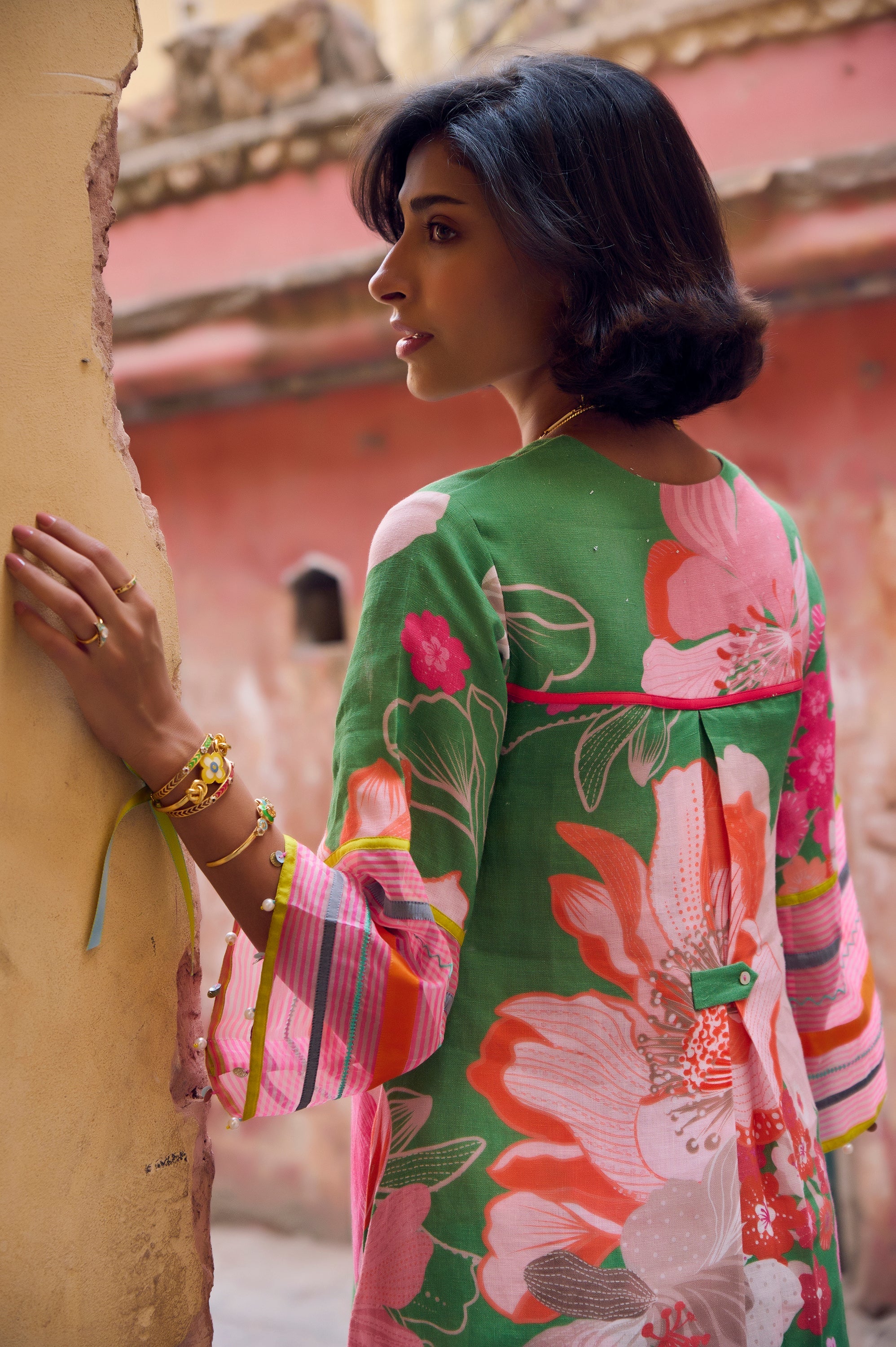 Safar Floral Linen Green Kurta Set