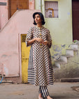 Safar Black And White Panel Print Linen Kurta Set