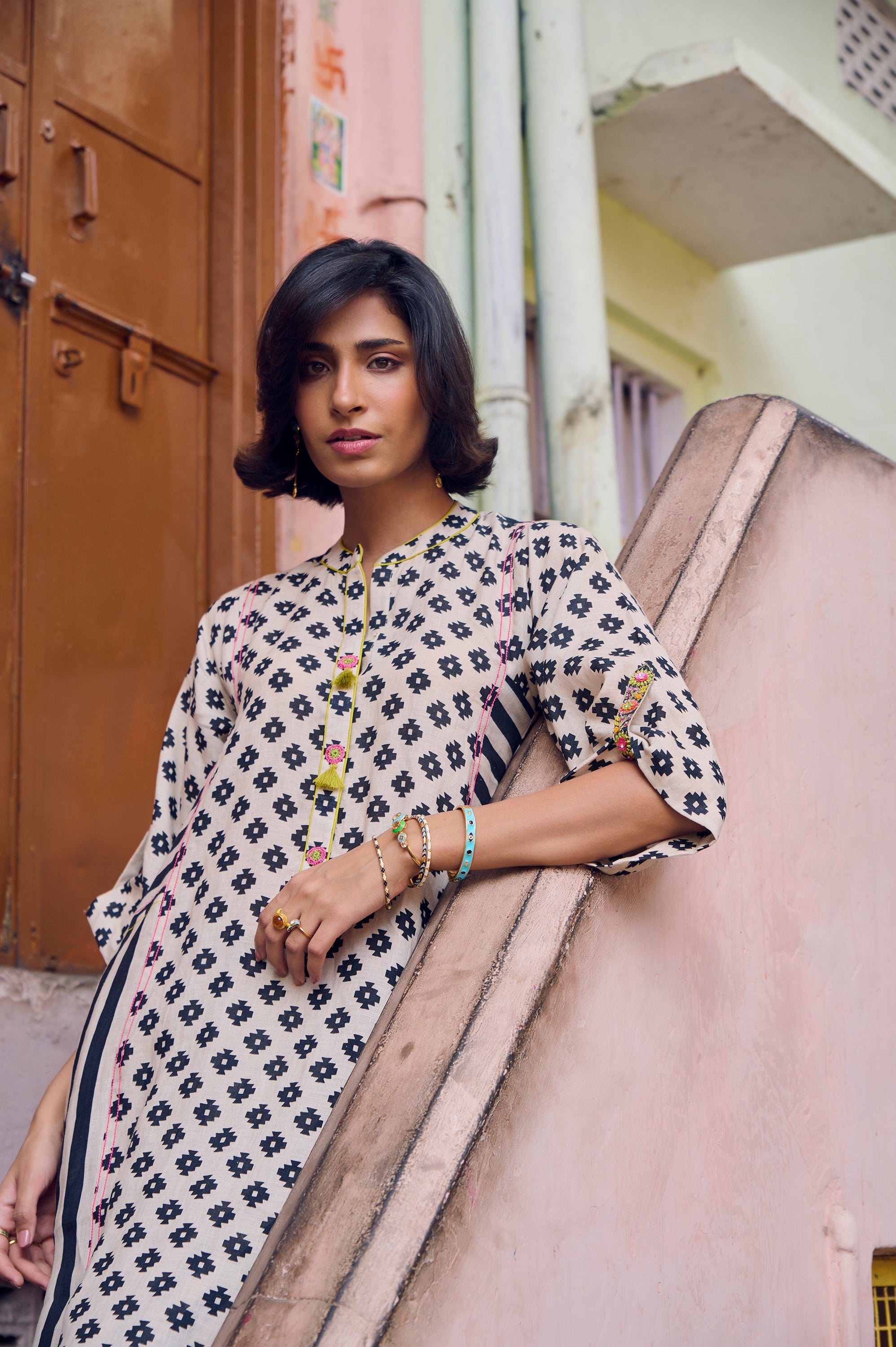 Safar Black And White Panel Print Linen Kurta Set