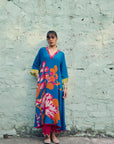 Safar Teal Blue Flower Printed Kaftan Kurta Set