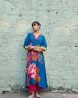 Safar Teal Blue Flower Printed Kaftan Kurta Set