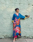 Safar Teal Blue Flower Printed Kaftan Kurta Set