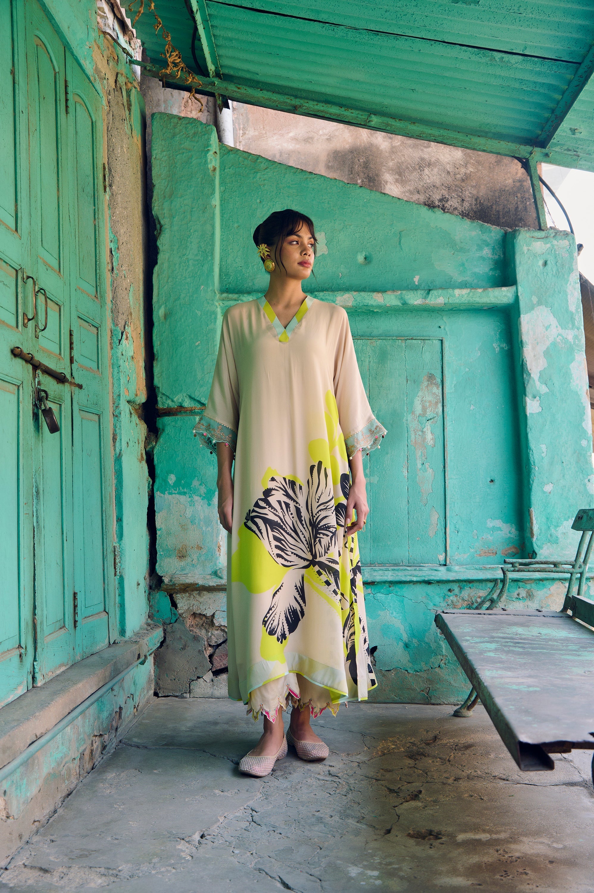 Safar Beige Flower Printed Kaftan Kurta Set
